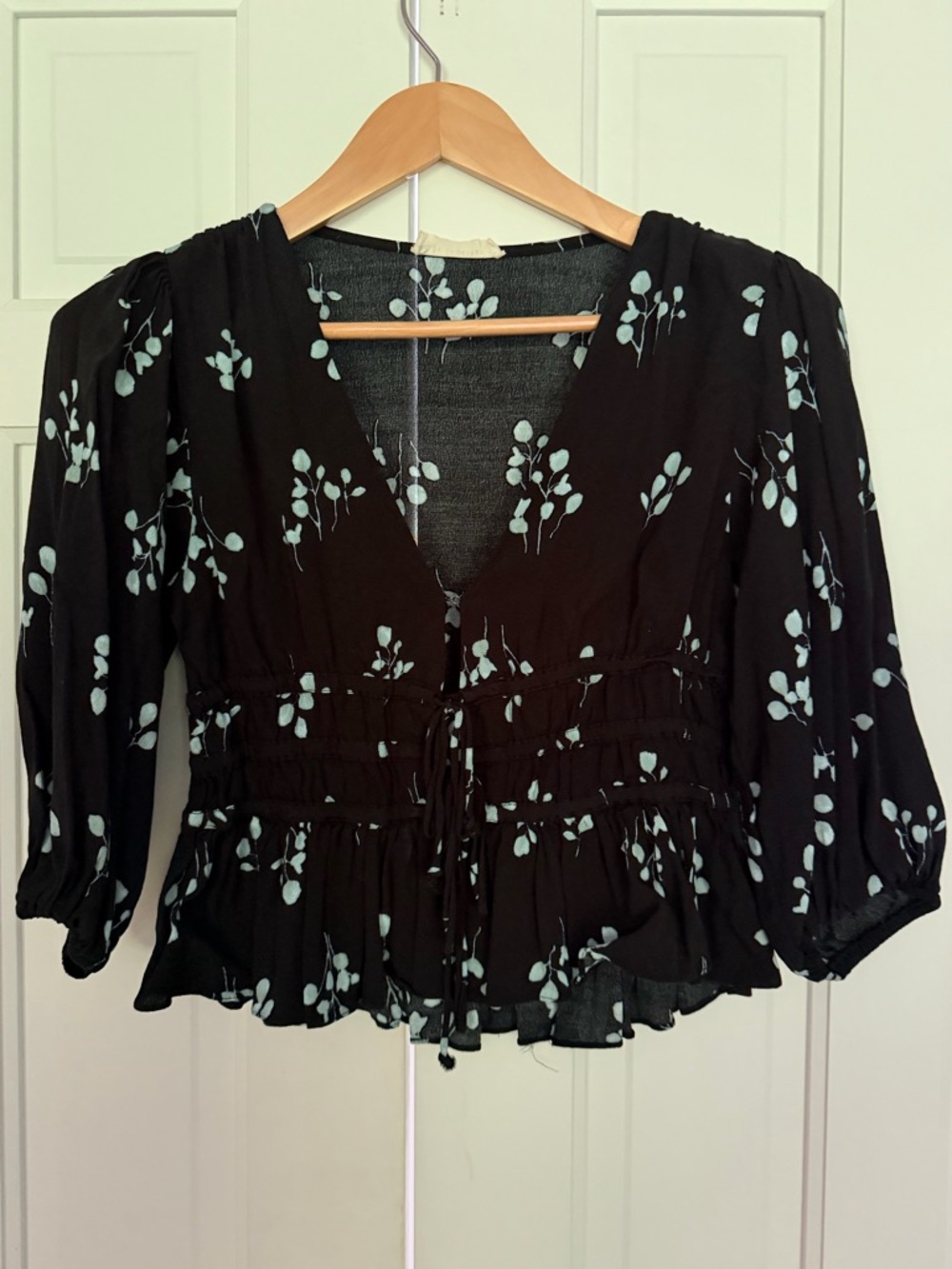 By Together-Black Floral Double Tie Smocked Peplum Top-Small